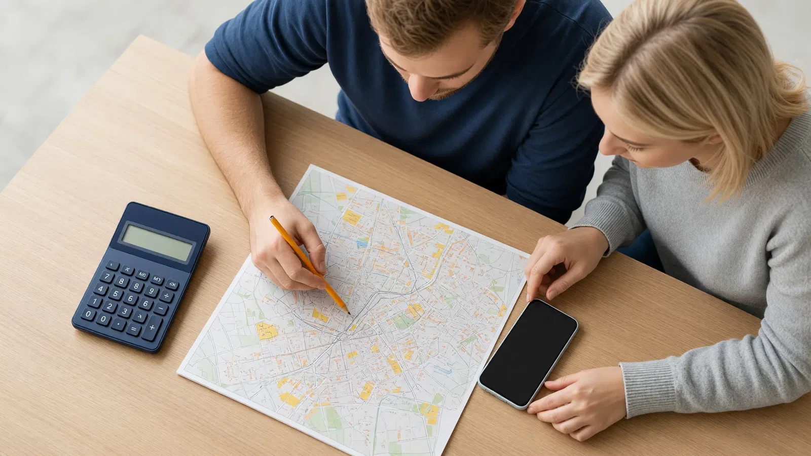 Calculator, route map and a smartphone with a taxi meter app: calculating a taxi fare
