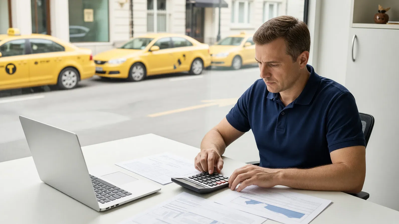 Taxi business owner calculating income and costs on a laptop