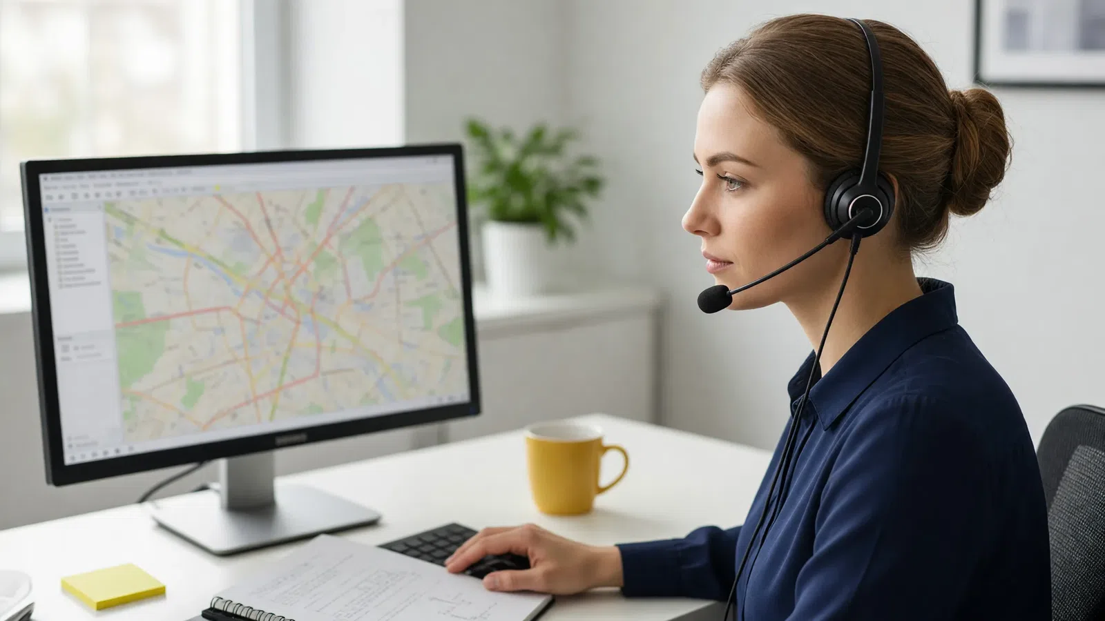Taxi dispatcher with a headset at a workstation showing a map and an order list
