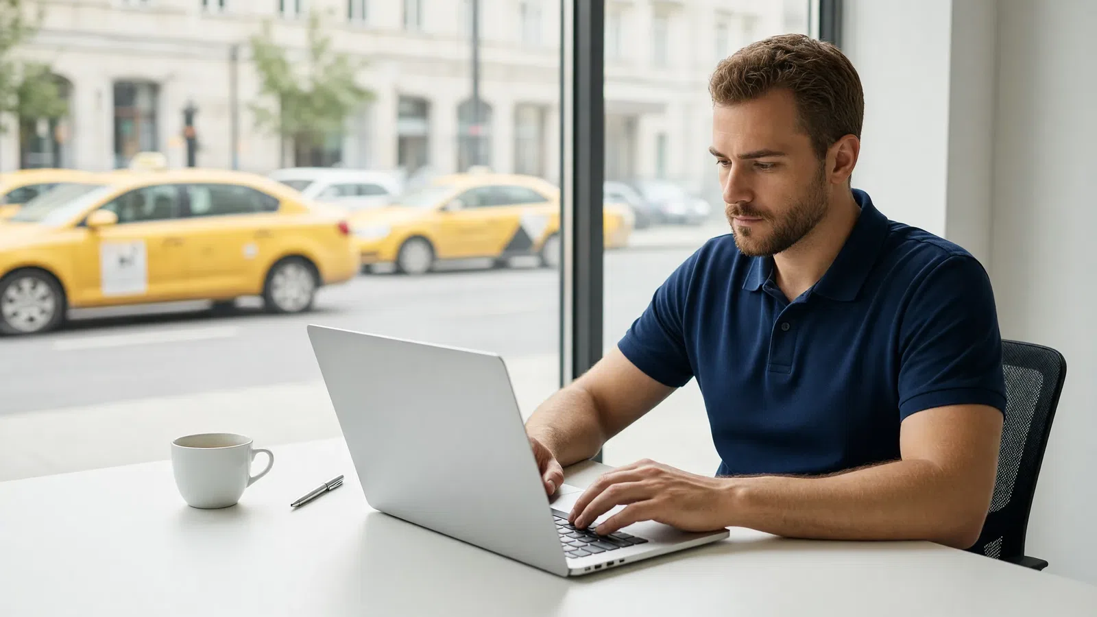 Taxi fleet owner reviewing a driver and balance report in a CRM system on a laptop