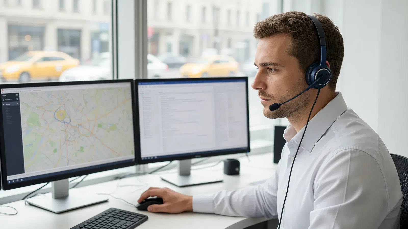 Taxi dispatch operator working in the software: order list, map and driver queues at stands