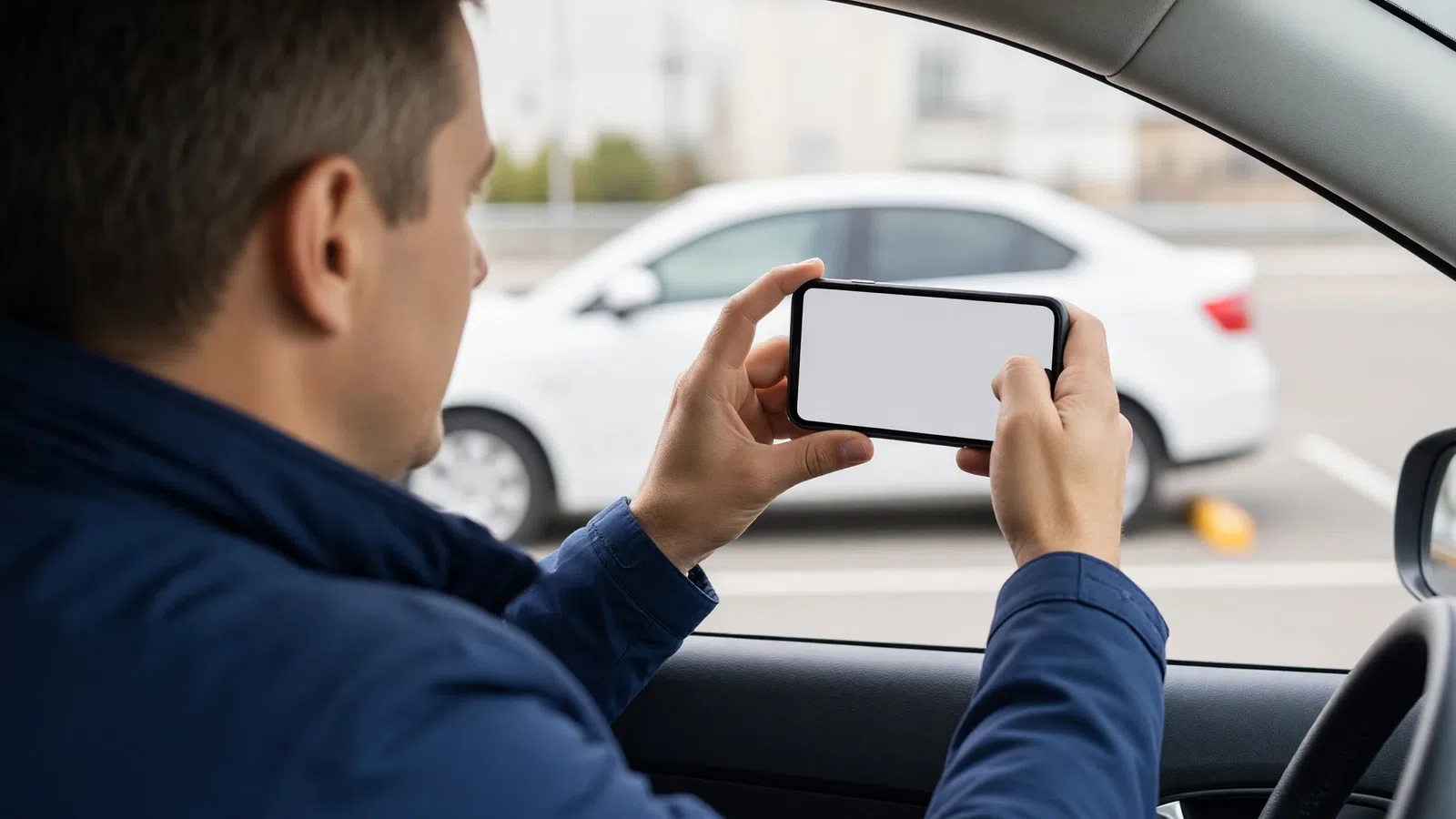 Driver photographing a taxi with a smartphone following a photo inspection template